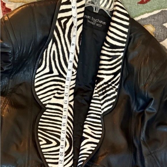 Rare Vtg 80’s Zebra trim Marc Buchanan Tannery West Black Leather Dramatic Coat - Picture 14 of 14